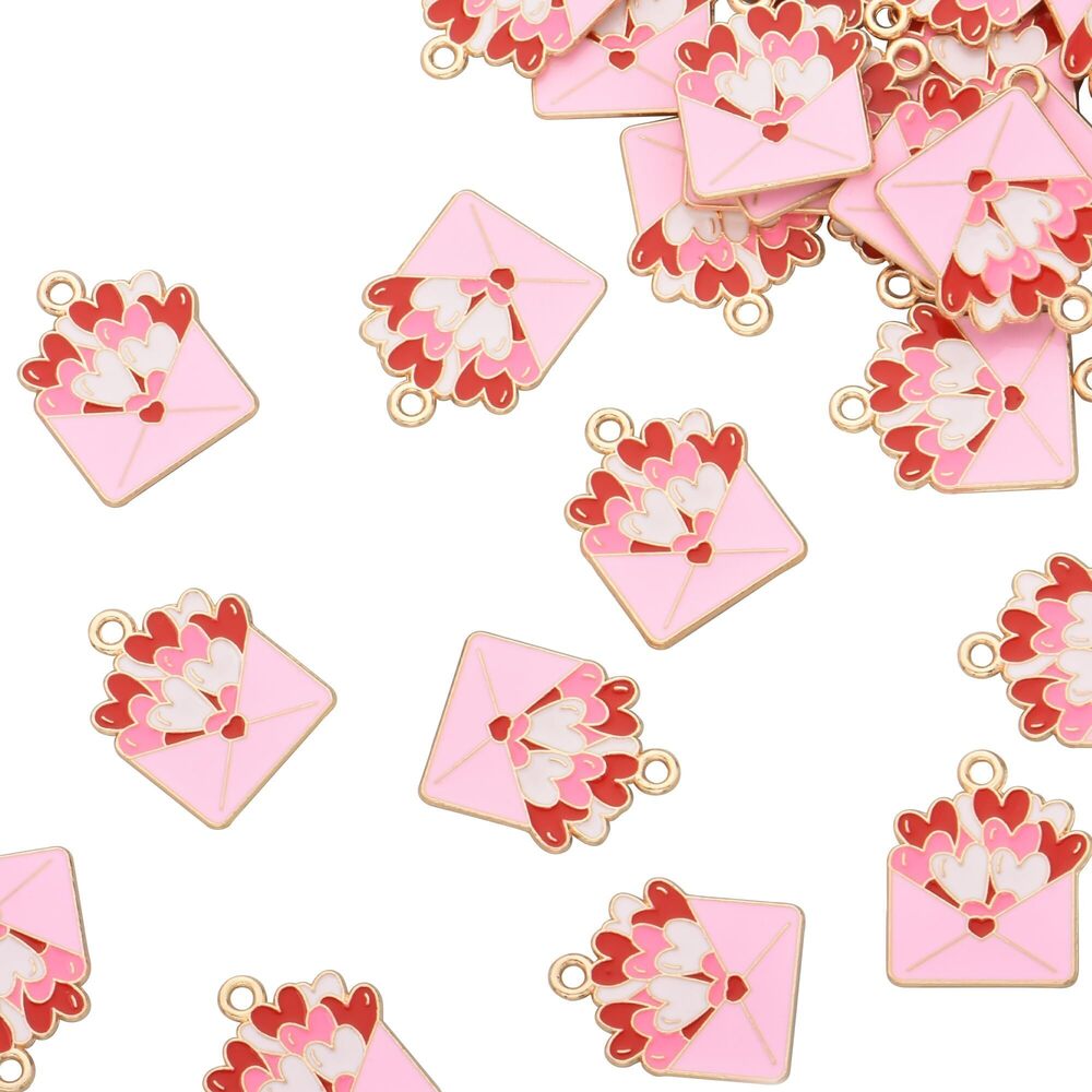2234 Pack of 80 Heart Envelope Colored Enamel Charms Gold Plated Bulk